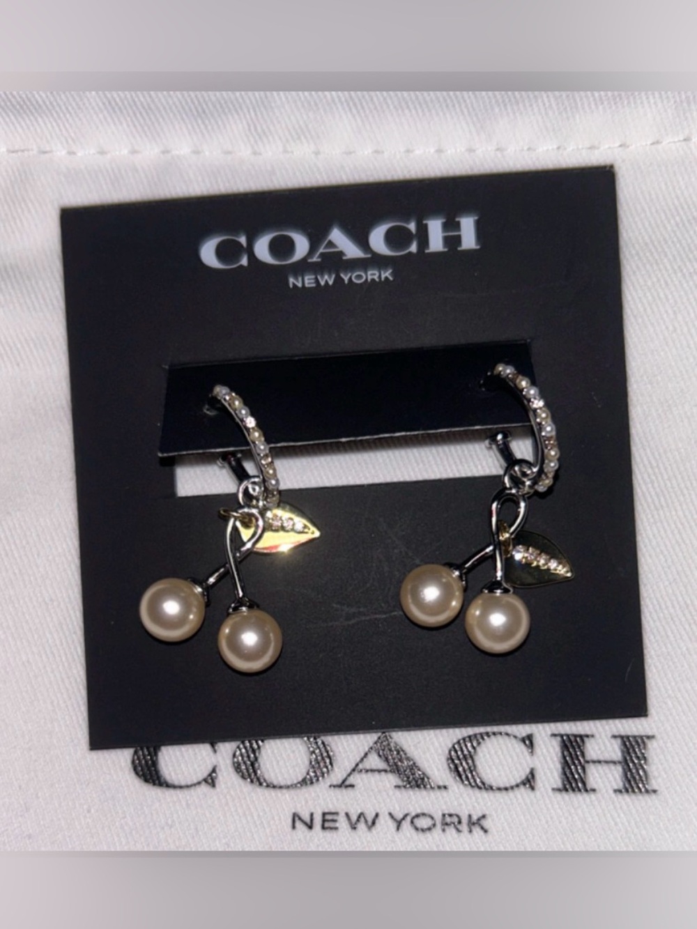 Coach Cherry Pearl Drop Earrings on  pave crystal hoops with leaf,dustbag NWT